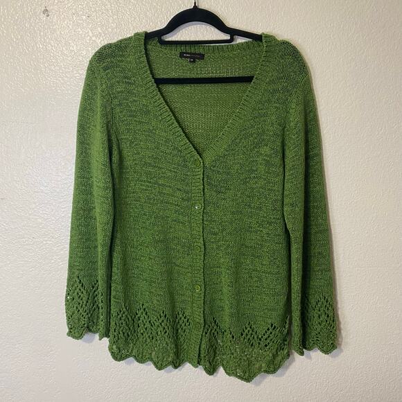 BCBG Maxazria Green Knit Button Cardigan Sweater Boho Detail Plus Size 1X - Picture 1 of 9